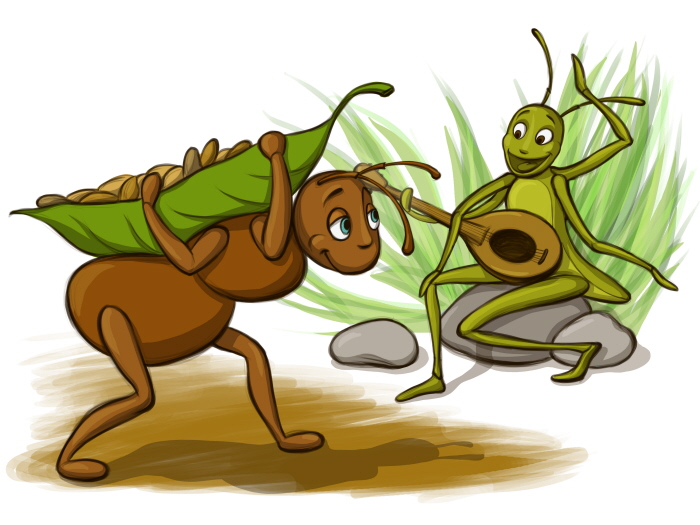 cartoon of ant singing and grasshopper working